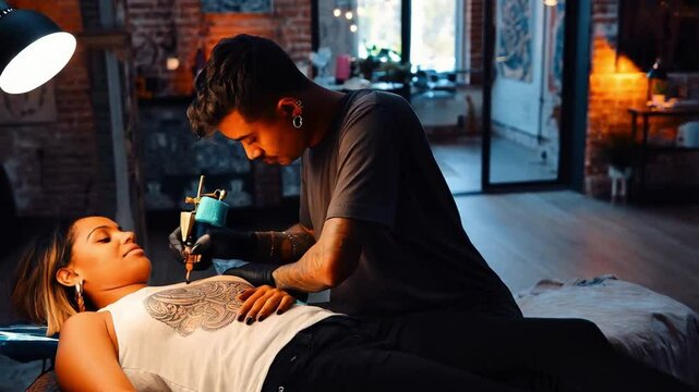 Skilled Artist Creates Intricate Tattoo Design on Client in Cozy Studio Setting During Evening Hours