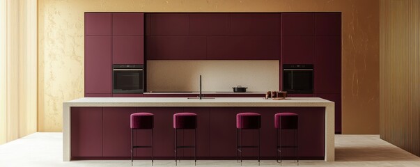 A 3D-rendered kitchen featuring deep burgundy cabinets and a contrasting off-white countertop
