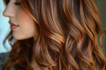 Fototapeta premium Portrait of a woman with long brown hair in focus