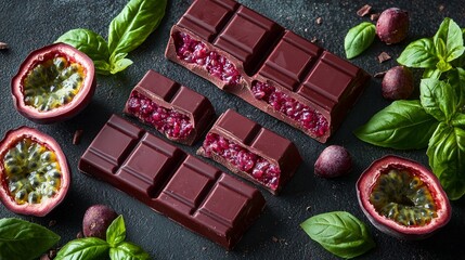 Ruby chocolate bar filled tangy passionfruit and aromatic basil is styled alongside fresh basil leaves and passionfruit halves highlighting unique flavor combinations and visual appeal.