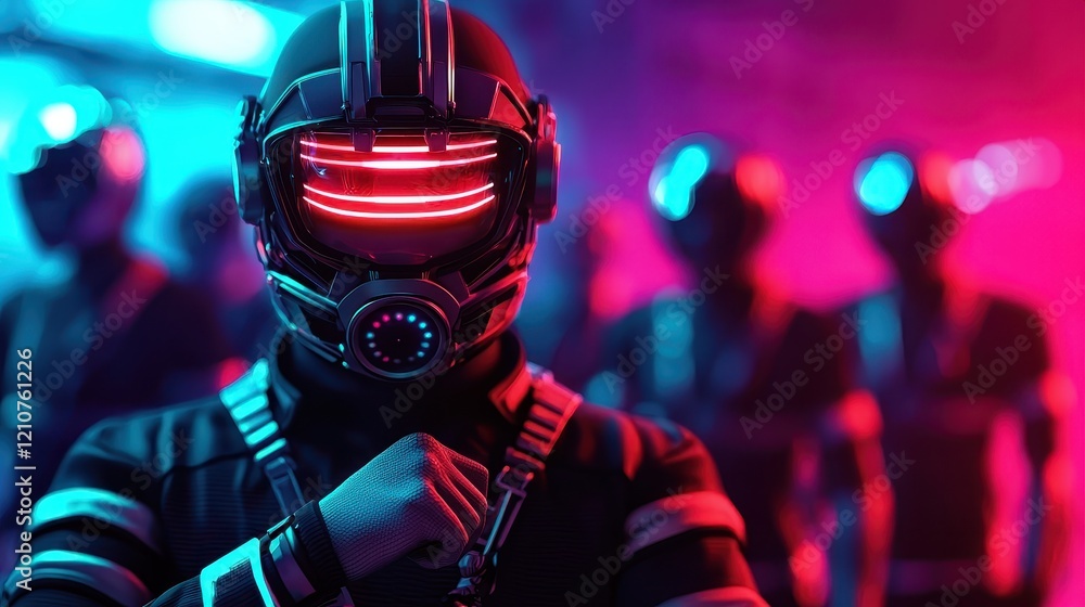 Aufkleber a futuristic scene featuring a helmeted figure with glowing red lights, surrounded by others, creati