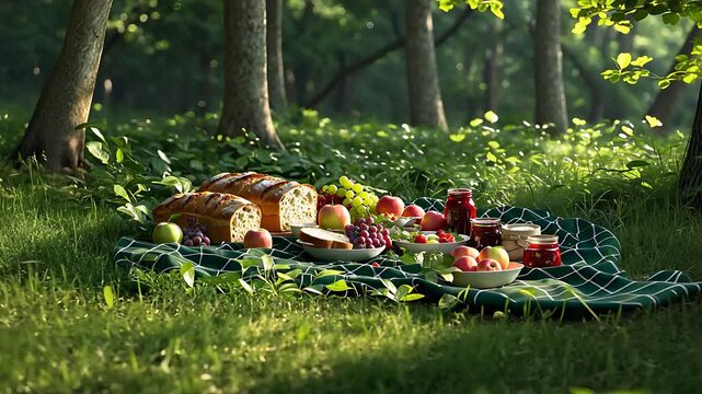 Picnic Blanket with Fresh Bread, Fruits, and Jam in a Lush Green Forest Setting Under Soft Sunlight

