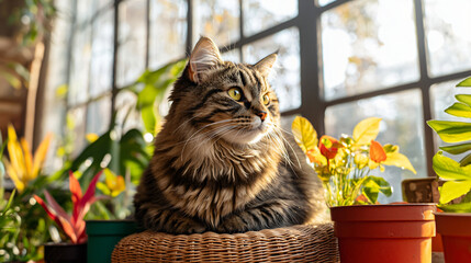 Obraz premium A fluffy tabby cat sitting on a wicker chair surrounded by vibrant potted plants, bathed in natural sunlight filtering through large windows. 