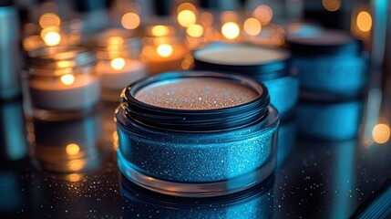 Glittering cosmetic products displayed on a reflective surface among soft candlelight in an evening setting