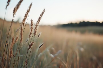Fototapeta premium Golden stalks sway gently in a sunlit field, capturing the essence of a peaceful countryside.