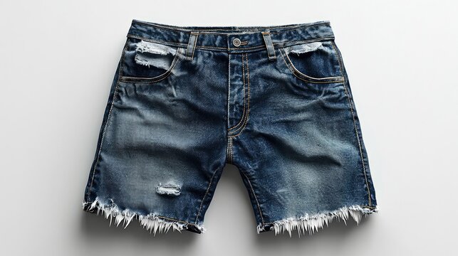 Stylish ripped denim shorts on a clean background, showcasing casual summer fashion ideal for online retail display