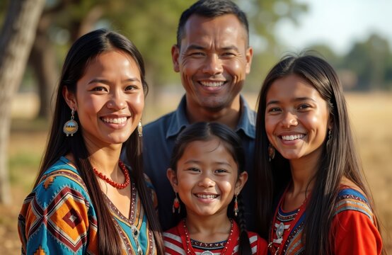 Happy Choctaw Nation family posing outdoors on native land. Family members smiling. Traditional clothing, jewelry. Sunny day. Proud Indigenous people. Celebratory portrait on Indigenous Peoples Day.
