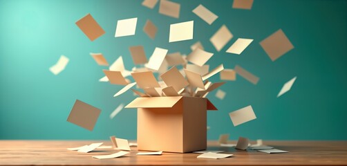 Wooden suggestion box overflows with ideas. Creative notes fly out. Abundant feedback. Light brown box on wooden table. Teal-blue background. Image shows creativity, abundance. Great for marketing