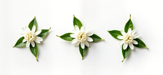 Fototapeta premium White jasmine flowers and green leaves arranged in a set on a white background. Floral design element. Beautiful and natural flowers. Perfect for decorative purposes.