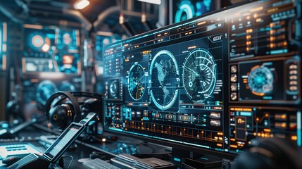 Obraz premium A futuristic startup office filled with glowing technology, collaborative workspaces, and innovative devices. Inspiring a new generation of developers and entrepreneurs.