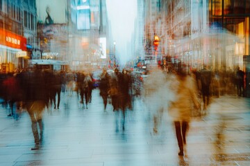 Naklejka premium A blurred city street captures the hustle and bustle, blending lights and movement into an abstract urban symphony.