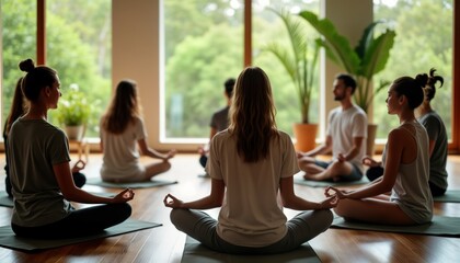 Group of people sit in lotus posture on mats during wellness retreat workshop. Individuals practice mindfulness meditation in light filled room. Nature view outside visible through large windows.
