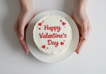 Valentine's Day white minimal cake with "Happy Valentine's Day" text, top view

