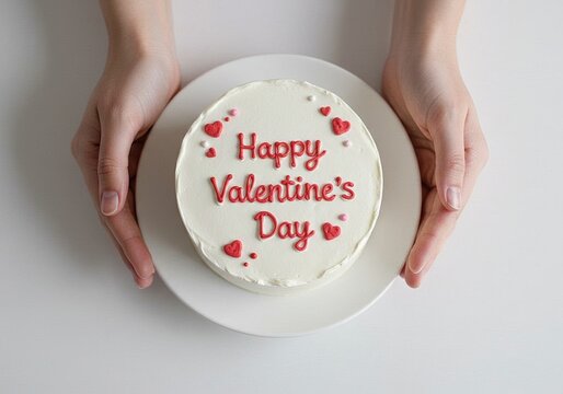 Valentine's Day white minimal cake with "Happy Valentine's Day" text, top view

