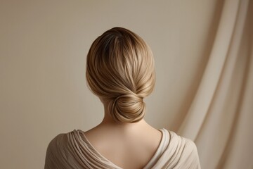 Back view of a woman with blonde hair styled in an elegant bun, wearing a draped beige fabric against a neutral background.