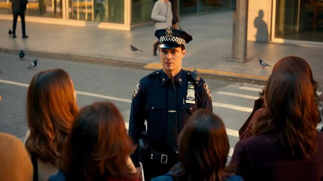Young Police Officer Interacts With a Group of Women on a Bustling City Street During the Afternoon