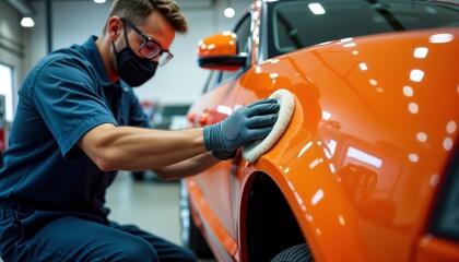 Mechanic polishes orange car in modern auto repair shop. Expert applies car polish with soft cloth. Professional auto detailing in workshop. Vehicle care, maintenance. High-quality car restoration.