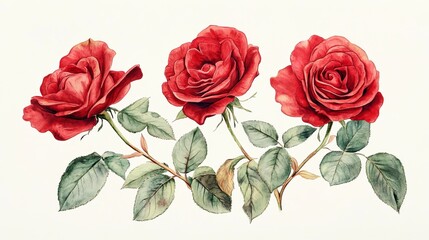 Fototapeta premium Three red roses with their leaves against a plain white background.