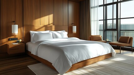 Modern Bedroom With Natural Light and Elegant Wooden Design in a Contemporary Hotel Setting