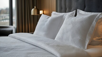 Luxurious Hotel Room With Crisp White Bedding and Elegant Decor, Showcasing Modern Design Aesthetics in a Tranquil Atmosphere
