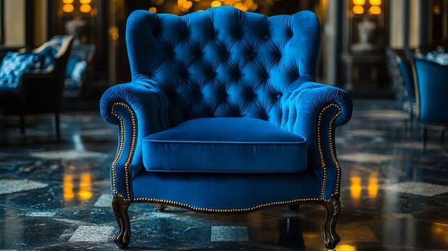 Elegant Blue Velvet Armchair in a Luxurious Setting With Polished Marble Flooring and Sophisticated Decor