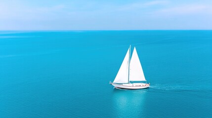 Fototapeta premium White sailboat sailing on calm turquoise ocean water under a clear blue sky during a bright sunny day.