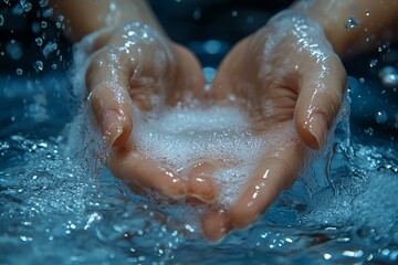 Hands Cupped Together Catching Bubbles in Clear Water While Droplets Splash Around in a Serene Environment