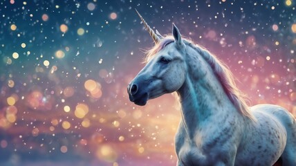 Fototapeta premium unicorn on blue blurred bokeh light background. Pastel watercolor sky with glitter stars and bokeh