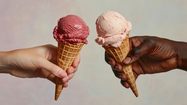 Two hands holding waffle cones with scoops of red and pink ice cream against a soft pastel background.