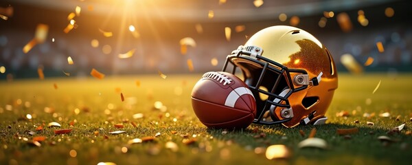 Golden football helmet, ball on field. Confetti falls. Sports equipment. Victory moment. Exciting game atmosphere. Super Bowl major football game. Successful season. Winner team. Victory celebration.