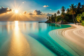 Obraz premium Tropical island beach. Palm trees destination landscape. Tranquil sea, vacation seascape, summer relax travel