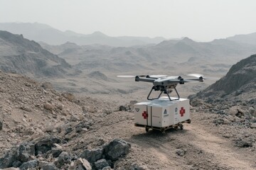 A drone equipped with a medical supply box lands on rugged mountain terrain, highlighting the technological advance in remote healthcare delivery.