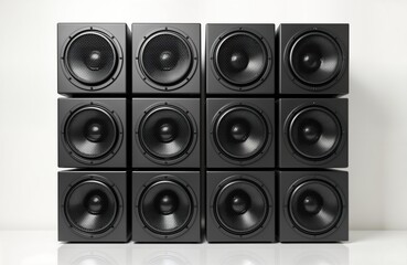 Studio quality square speaker boxes in black. High-powered speakers arranged in grid pattern. Pro audio equipment. Ideal for music production live performance. Modern tech. Vintage style. Loud sound.