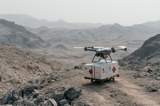 A drone equipped with a medical supply box lands on rugged mountain terrain, highlighting the technological advance in remote healthcare delivery. - Powered by Adobe