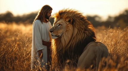 In warm sunset Jesus Christ in white robe and red sash gently rests His hand on majestic lion's head. meadow radiates tranquility showcasing their harmonious bond.