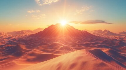 Naklejka premium Vibrant Sunrise Illuminating the Majestic Mountain Range Over Rolling Sandy Dunes at Dawn in a Vast Desert Landscape