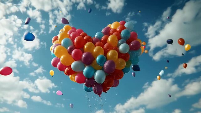 Heart of balloons floating in the sky
