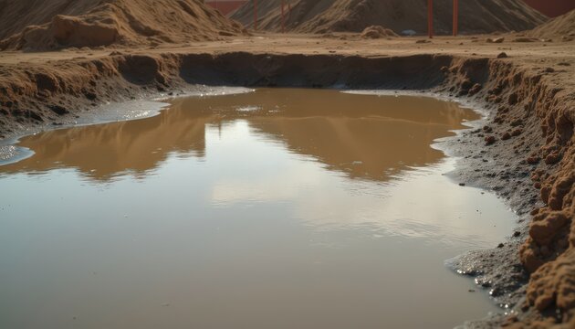 Muddy puddle or pit on construction site with dirt piles in background. Midseason and inconvenient rainy weather for industries and workers, delay in jobs