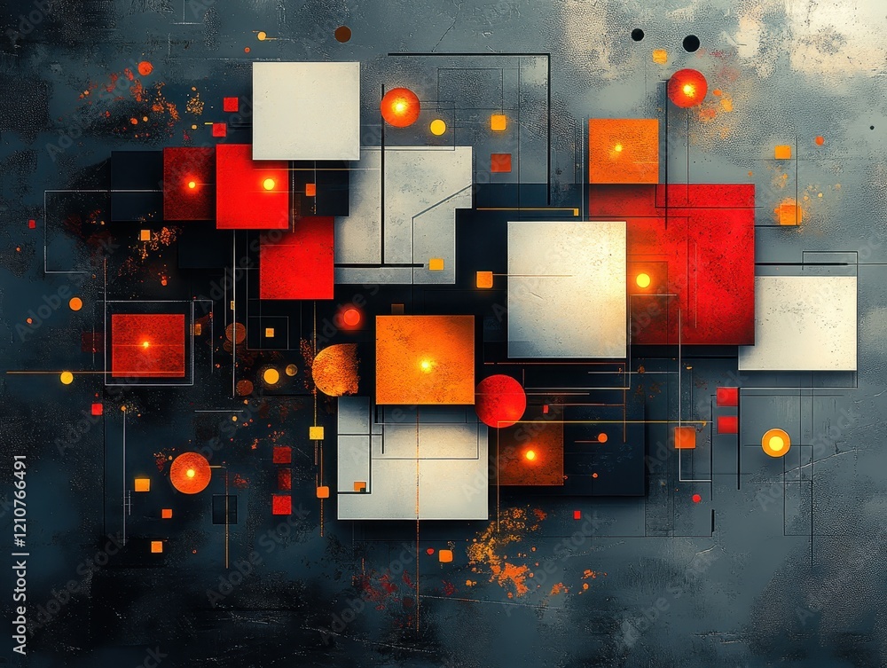 Poster abstract geometric composition with vibrant colors and dynamic shapes.
