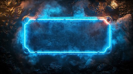 Glowing blue neon sign frame with smoke on dark background.