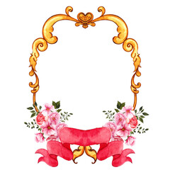 Watercolor hand draw vintage frame for Valentines day, with flowers, bows, isolated on white background