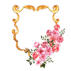 Watercolor hand draw vintage frame for Valentines day, with flowers, bows, isolated on white background
