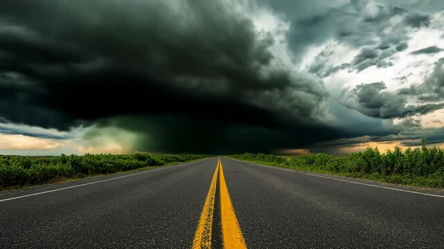 Massive storm cloud over empty highway with dramatic sky
