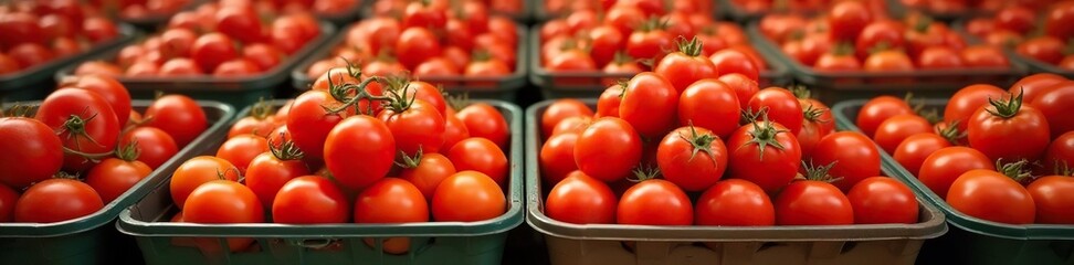 Red tomatoes piled high in large plastic boxes, agriculture, packaging