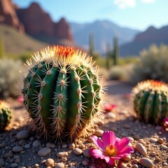 Prickly Neoporteria senilis cactus in the desert landscape with blooming flowers, bloom, landscape
