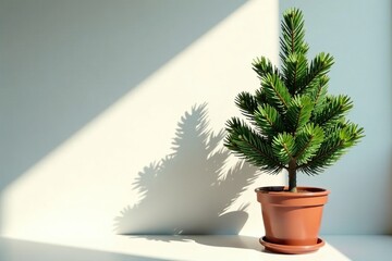 Soft light casting shadows on the branches of a potted pine tree, evergreen, plant
