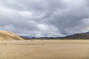 Beautiful landscape with mountains at Pampakarule and Sango Plain, near Hanle village in Ladakh, situated on the border with India and China, Leh, Ladakh, India.