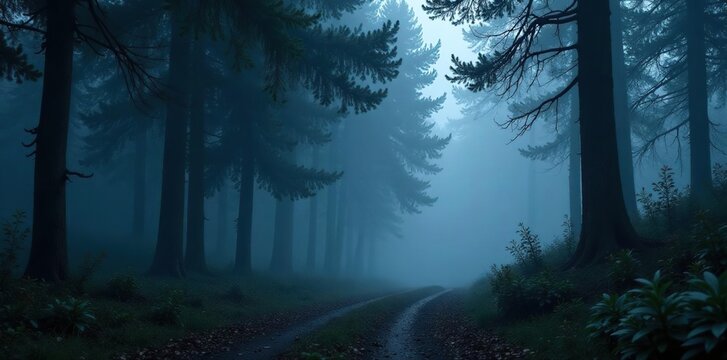Dark forest with misty fog swirling around ancient trees, foggy woods, wilderness, twilight