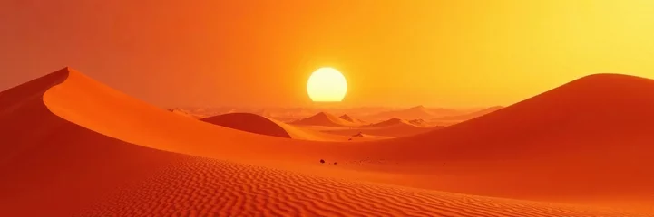 Fototapete Desert landscape with vast red sand dunes and a bright orange sky, arid, desert, sand © Pusit