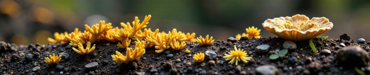 Fototapeta premium Clay soil with fungi and lichens growing on it, fungal life, epiphytes, lichen biology